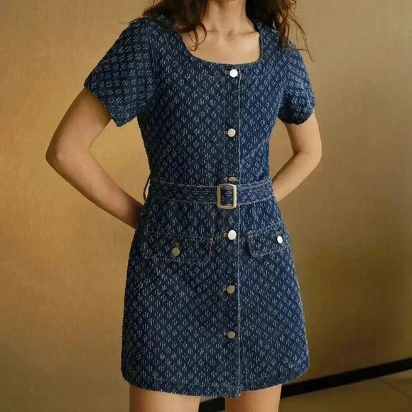 Blue Women's Flap Detail Buckle Belted Swiss Dot Denim Dress - Picture 3 of 8